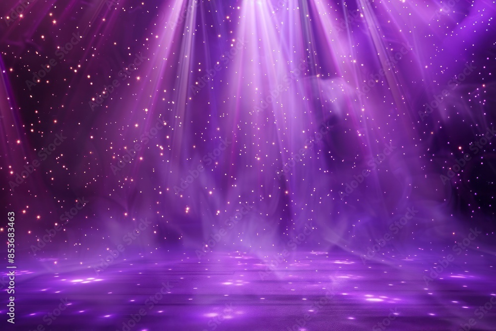 Wall mural purple stage background with shining light rays and stars