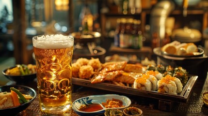 Cold beer served with sushi. The background is blurred to highlight the meal, revealing the lively atmosphere of the restaurant. Golden crispy chicken paired with an ice-cold beer