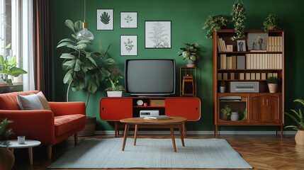 Cozy Retro Living Room with Green Walls and Vintage Decor