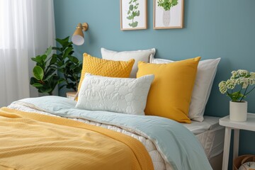 A bed with a yellow and blue comforter and pillows