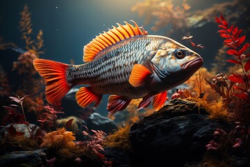 Fototapeta premium fish underwater close view, in a lake or river, fauna of the underwater world