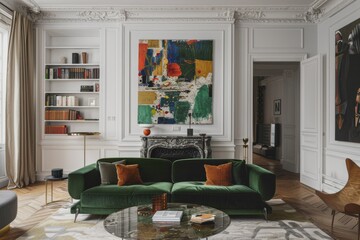 Modern living room with green velvet sofa and large abstract painting above fireplace
