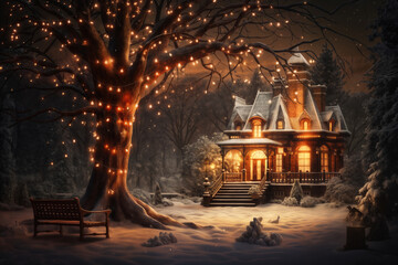Obraz premium a house in the forest on a winter night, snow covered trees, illumination, decorated for Christmas or New Year, festive environment