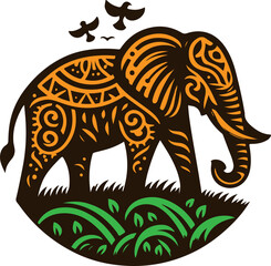 Elephant in grassland and birds in the sky logo 