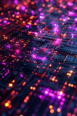 Obraz premium A neon-lit circuit board with vibrant purple and orange lights emphasizing a high-tech and futuristic design