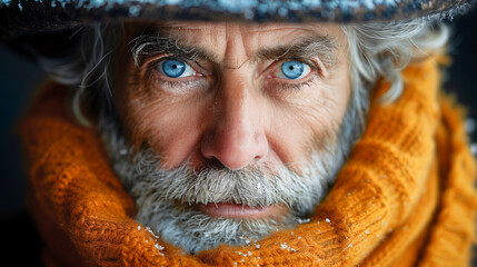 An elderly man with a long white beard stares intensely into the camera. He is wearing an orange scarf and a hat, his face dusted with snowflakes