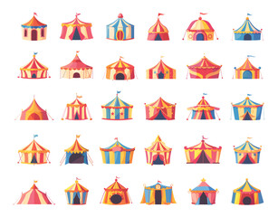 Fototapeta premium Cartoon Circus Tents Icon Set. White Background. Simple Style Big Top Carnival Marquee Circus Performance Entertainment Festival Fairground Event Illustrations Fun Fair