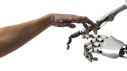 Robot and human hand on white background