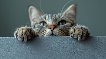 A curious cat peeks over a white wall, its eyes wide with interest.