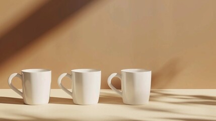 Three white coffee mugs on a table. Generative AI