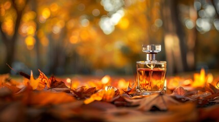 Close-up of a perfume bottle against an autumn backdrop.