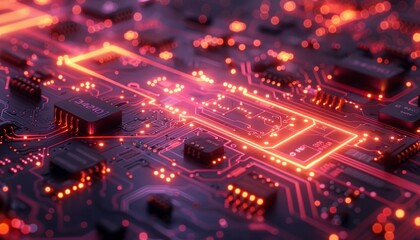 Technological circuit board pattern with glowing lines and digital components