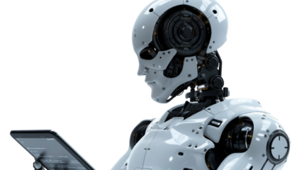 The robot is holding a tablet