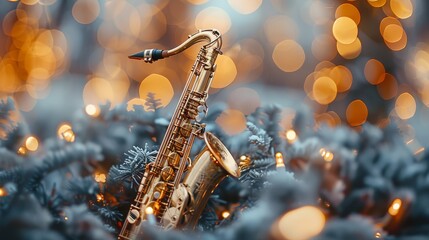 A saxophone is elegantly placed among frosty pine branches, accentuated by warm holiday lights in the backdrop