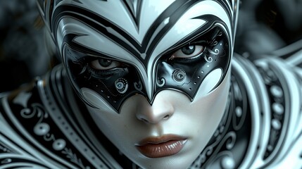 A striking image of a person in a futuristic, black and white mask and armor, exuding an air of mystery and power.