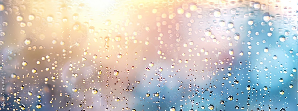 Sticker A close-up photograph of raindrops on a windowpane, with sunlight filtering through and creating patterns of light and shadow.