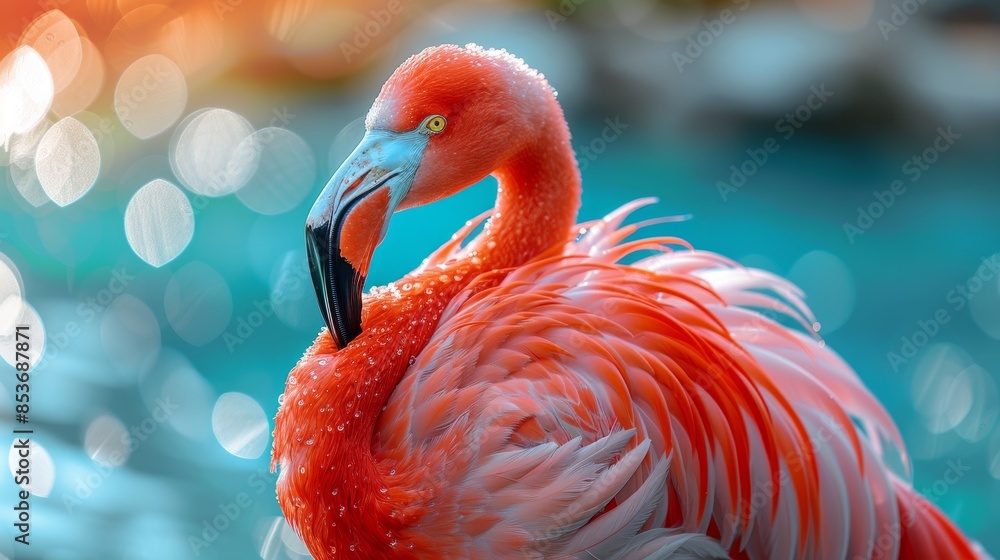 Poster a detailed image capturing the rich texture and vibrant colors of a flamingo's feathers with a soft 