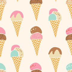 Ice-cream cones vector seamless pattern. Cute flavored gelato in waffle cones repeat design on cream off-white background. Hand drawn textured summer frozen dessert in retro pastel colors