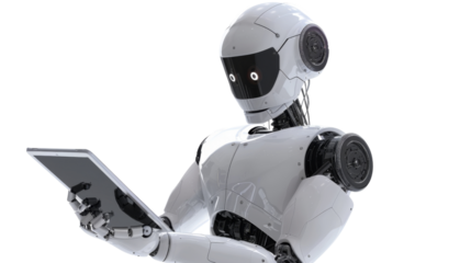 The robot is holding a tablet