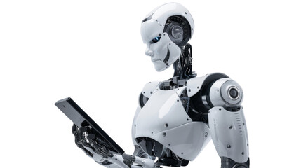 The robot is holding a tablet