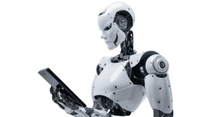 The robot is holding a tablet