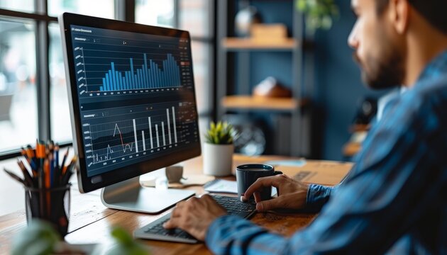 High angle view of a business analyst analyzing benchmarking data and operational KPIs on a computer screen, with a cup of coffee and notepad nearby
