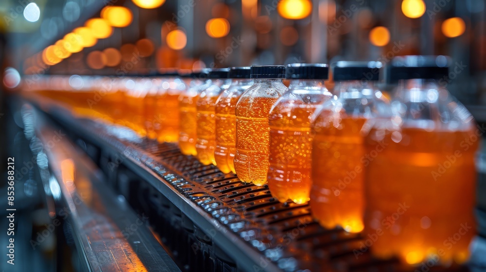 Poster a close-up image capturing the bottling process of soft drinks with orange liquid in clear bottles o