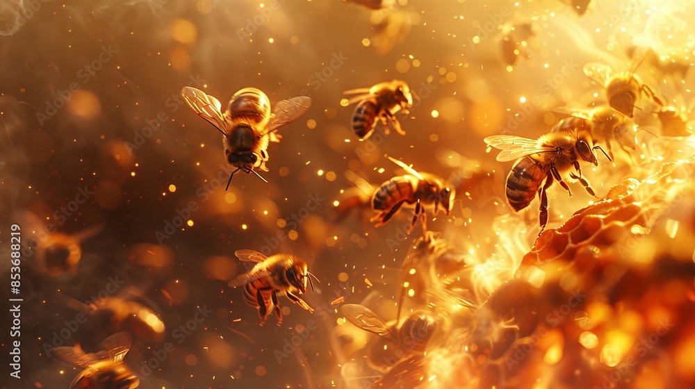 Poster honeybees captured in flight with a warm, sunlit backdrop creating a luminescent atmosphere