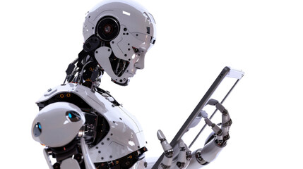 The robot is holding a tablet