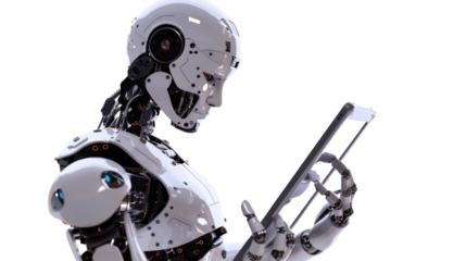 The robot is holding a tablet