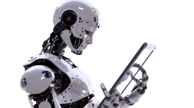 The robot is holding a tablet