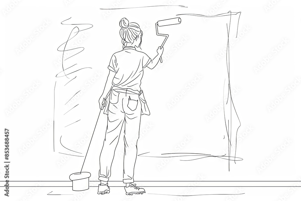 Poster a illustration of a woman painting a wall with a roller, created in a single continuous line drawing