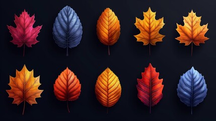 A stunning contrast of colorful autumn leaves against a dark backdrop, highlighting the vivid textures and gradients of each leaf