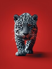 A majestic leopard, poised and alert, strides confidently towards the camera against a striking red background.