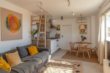 Modern cozy apartment interior with colorful decor and natural light