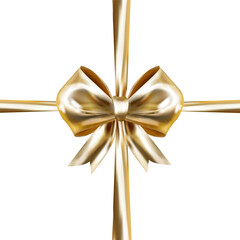 3D glossy gift bow in gold color with ribbons tied in a cross.Vector realistic illustration on a white background. Holiday design element for birthday, wedding, advertising banner of sale and other