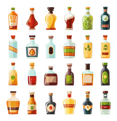 Cartoon Liqueur Bottles of Different Shapes Icon Set. White Background. Simple Cartoon Style Alcohol Beverage Bottles Collection Decorative Glass Bottles Vector Illustration