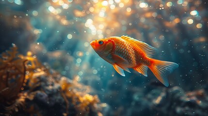 With a backdrop of bubbles and underwater flora, a bright goldfish swims, illuminated by a soft glow that creates a magical underwater scene
