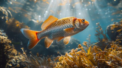 Naklejka premium A sparkling goldfish amongst golden-lit water plants showcases a serene underwater setting with gorgeous natural lighting effects