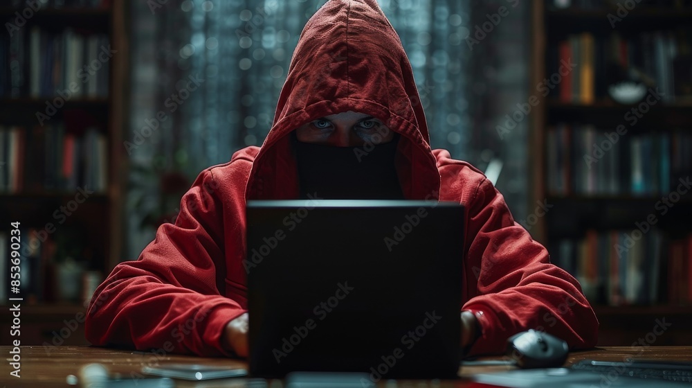 Poster an anonymous person in a red hoodie uses a computer with a privacy screen, adding a sense of mystery
