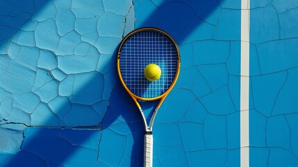 Tennis Racket and Ball on Cracked Blue Court with Shadows