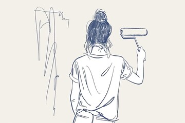 A continuous line drawing of a woman painting a wall with a roller. She is wearing a t-shirt and jeans. The drawing is a concept illustration for home repair and renovation. Generative AI