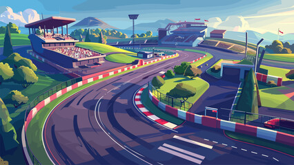 Cartoon race track with grandstands background. Motorsport Circuit Spectator Stands Racing Arena Pit Lane Speed Track Exciting Competition Vibrant Atmosphere Cheerful High-Speed