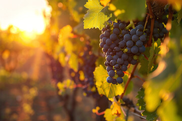 Fototapeta premium Close up photo of bunch of ripe blue grape against raws of vineyards in sun rays. Grapes in vineyard scenic background with copy space.