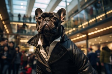 Portrait of a funny french bulldog while standing against bustling shopping mall