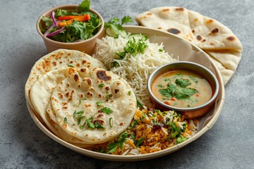 Delicious Indian Dinner Plate Featuring Roti, Basmati Rice, Curry, Salad, and Naan Bread