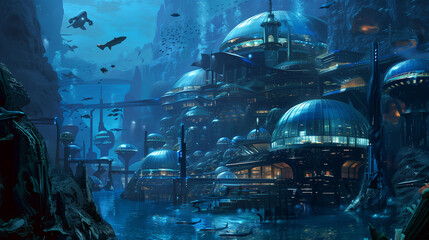 A stunning futuristic underwater city with expansive glass domes, vibrant sea life swirling around, and sleek submarines gliding through the depths.