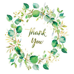 Thank you card in a wreath of lush green leaves with subtle gold accents on a white background