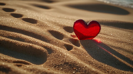 Fototapeta premium Valentines Day concept. Romantic love symbol of red heart on the sand beach with copy space. Template for Inspirational compositions and quote postcards. Generated AI
