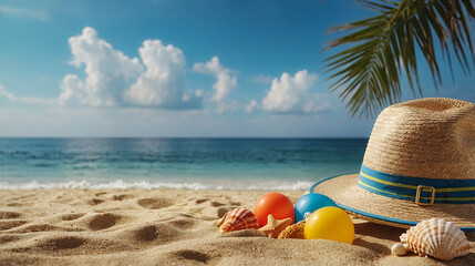 Beach accessories in the sand on a sunny day. Copy space. Generated AI.